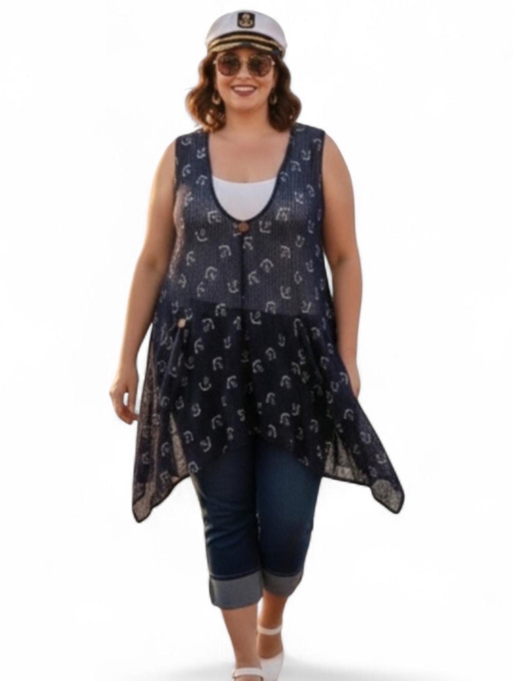 Paradise USA Navy Blue Anchor Knit Tunic Tank Vest Coastal Cover Up XL/XXL